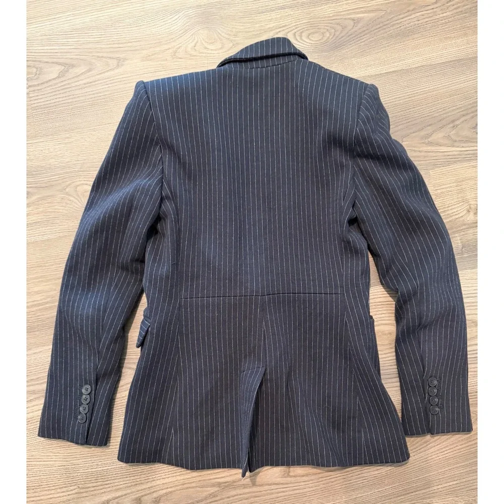 Express Womens Navy Pinstripe Skirt Suit Set Blazer XS Skirt Small Ruffle Trim
